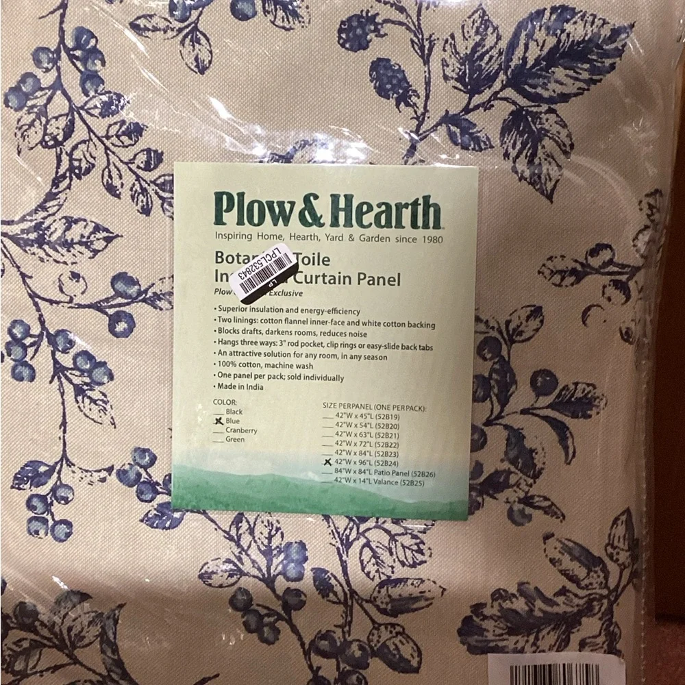 Plow & Hearth Botanical Toile Insulated Double-Lined Panel, 42 W x 96 L - Blue